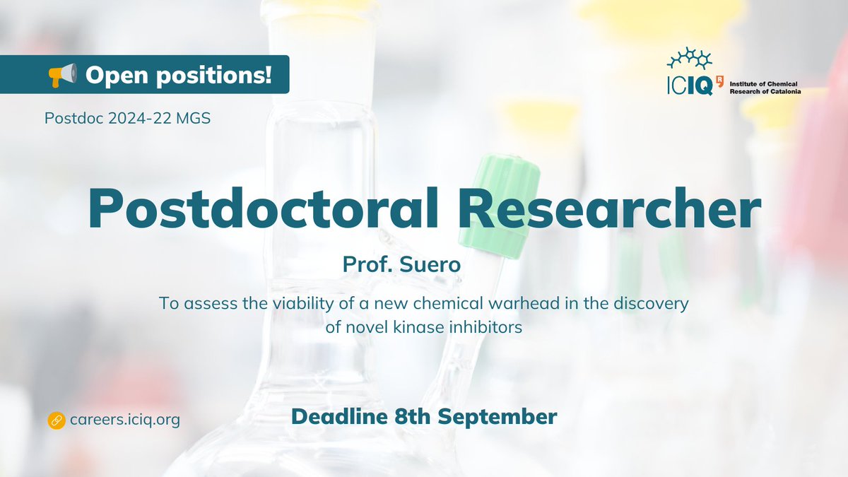 ICIQ (@iciqchem) on Twitter photo #ICIQJobs
🚀Join Prof. <a href="/MarcosGSuero/">Marcos García Suero</a> and discover novel kinase inhibitors with innovative chemical warheads!
📍3-year contract
💼Competitive salary
Apply now🔗careers.iciq.org/jobs/4879608-p…
<a href="/ERC_Research/">European Research Council (ERC)</a> <a href="/RSEQUIMICA/">RSEQ</a> <a href="/EuroScienceJobs/">EuroScienceJobs</a> <a href="/thepostdoctoral/">The Postdoctoral</a> <a href="/sciencehr/">Science HR</a> <a href="/ChemistryViews/">ChemistryViews</a> #ICIQJobs
🚀Join Prof. <a href="/MarcosGSuero/">Marcos García Suero</a> and discover novel kinase inhibitors with innovative chemical warheads!
📍3-year contract
💼Competitive salary
Apply now🔗careers.iciq.org/jobs/4879608-p…
<a href="/ERC_Research/">European Research Council (ERC)</a> <a href="/RSEQUIMICA/">RSEQ</a> <a href="/EuroScienceJobs/">EuroScienceJobs</a> <a href="/thepostdoctoral/">The Postdoctoral</a> <a href="/sciencehr/">Science HR</a> <a href="/ChemistryViews/">ChemistryViews</a>