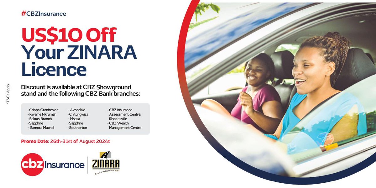 CBZHoldings's tweet photo. Save USD10 when you buy your ZINARA license at our stand during the ongoing Harare Agricultural Show. Pass through, save and let's talk financial solutions tailored for you! #harareagriculturalshow #CBZInsurance #partnersforsuccess
@zinaraZW https://t.co/IXG3AYSMxG