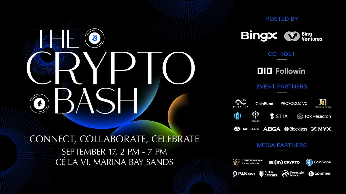 🚀Join us for an unparalleled fusion of innovation, connection, celebration, and scenic beauty during #TOKEN2049!

<a href="/BingVentures/">Bing Ventures</a>, <a href="/BingXOfficial/">BingX</a>, and <a href="/followin_io/">Followin</a> are holding an unmissable event at the iconic rooftop bar CÉ LA VI.

📅Sep 17
⏰2 pm – 7 pm
🎟️lu.ma/jt27o0wp