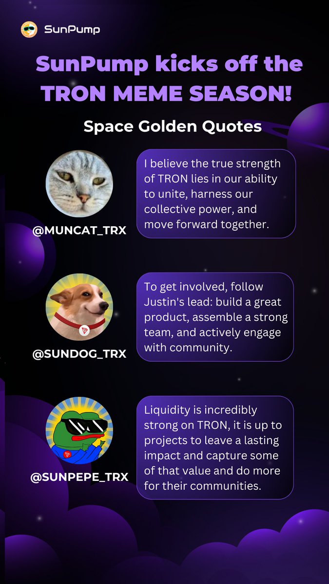 🥳 🥳Yesterday’s Space was a blast! 
We dove into the fun world of #memes on #TRON and explored the awesome opportunities on the #SunPump platform🎉

Catch the highlights from our amazing guests, and stay tuned for more spaces as we continue exploring exciting topics together!