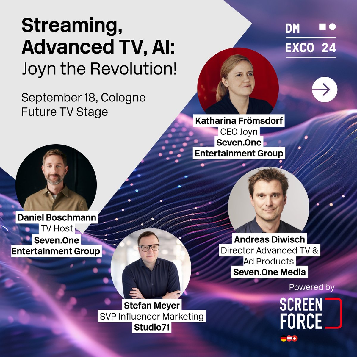 dmexco's tweet image. Our Future TV Stage will be on fire at #DMEXCO24 on Sept. 18! 📺🔥 Powered by #Screenforce, we’ve got a full day of TV talks lined up. Don&apos;t miss these two must-see afternoon sessions: 1️⃣ Streaming, Advanced TV, AI: Joyn the Revolution! and 2️⃣ INITIATIVE 18 – WIR müssen handeln