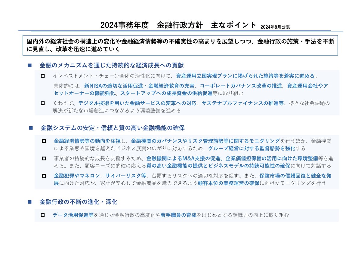 金融庁 は、2024事務年度の金融行政における重点課題および金融行政に取り組む上での方針を、「2024事務年度金融行政方針」として策定いたしました。  🔽詳細は以下をご覧ください。 https://t.co/Yp5RcpHvnK