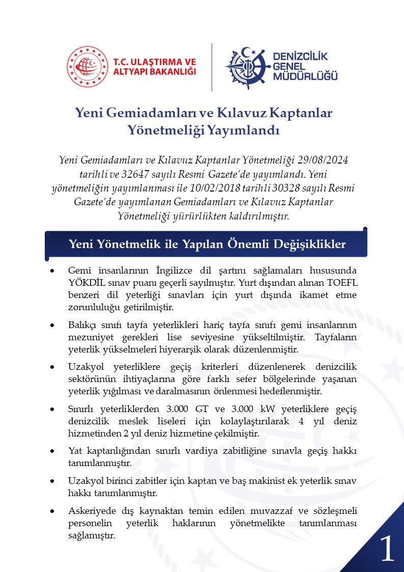 denizcilikgm's tweet photo. 📢 Yeni Gemiadamları ve Kılavuz Kaptanlar Yönetmeliği, Resmi Gazete’de yayımlanarak yürürlüğe girdi! 📜

👷‍♂️Yeni yönetmelikte gemi insanlarımıza yönelik önemli düzenlemeler getirilmiş olup yüksek standartların sağlanmasıyla istihdamın artırılması ve denizciliğimizin emniyetten ödün verilmeden geliştirilmesi hedeflenmiştir.

🚢 Yönetmelik ile Türk gemi insanlarının niteliklerini artıran, deniz çevresi ile can ve mal emniyetini güçlendiren kapsamlı değişiklikler yapılmıştır.

Bu yıl içinde MLC Sözleşmesi’ne de taraf olunarak denizcilerimizin uluslararası standartta refahının artırılması sağlanacaktır.

Yeni yönetmelik ile yapılan önemli değişiklikler aşağıda yer almaktadır. ⬇️