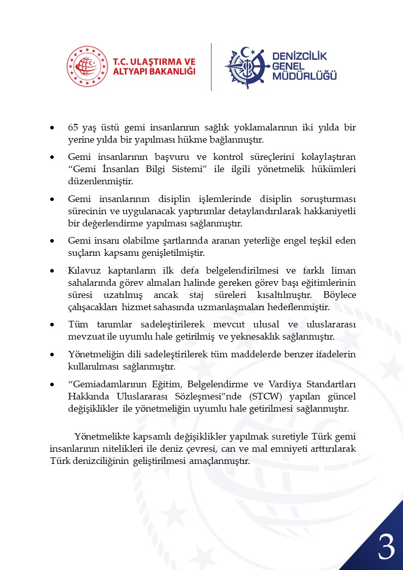 denizcilikgm's tweet photo. 📢 Yeni Gemiadamları ve Kılavuz Kaptanlar Yönetmeliği, Resmi Gazete’de yayımlanarak yürürlüğe girdi! 📜

👷‍♂️Yeni yönetmelikte gemi insanlarımıza yönelik önemli düzenlemeler getirilmiş olup yüksek standartların sağlanmasıyla istihdamın artırılması ve denizciliğimizin emniyetten ödün verilmeden geliştirilmesi hedeflenmiştir.

🚢 Yönetmelik ile Türk gemi insanlarının niteliklerini artıran, deniz çevresi ile can ve mal emniyetini güçlendiren kapsamlı değişiklikler yapılmıştır.

Bu yıl içinde MLC Sözleşmesi’ne de taraf olunarak denizcilerimizin uluslararası standartta refahının artırılması sağlanacaktır.

Yeni yönetmelik ile yapılan önemli değişiklikler aşağıda yer almaktadır. ⬇️