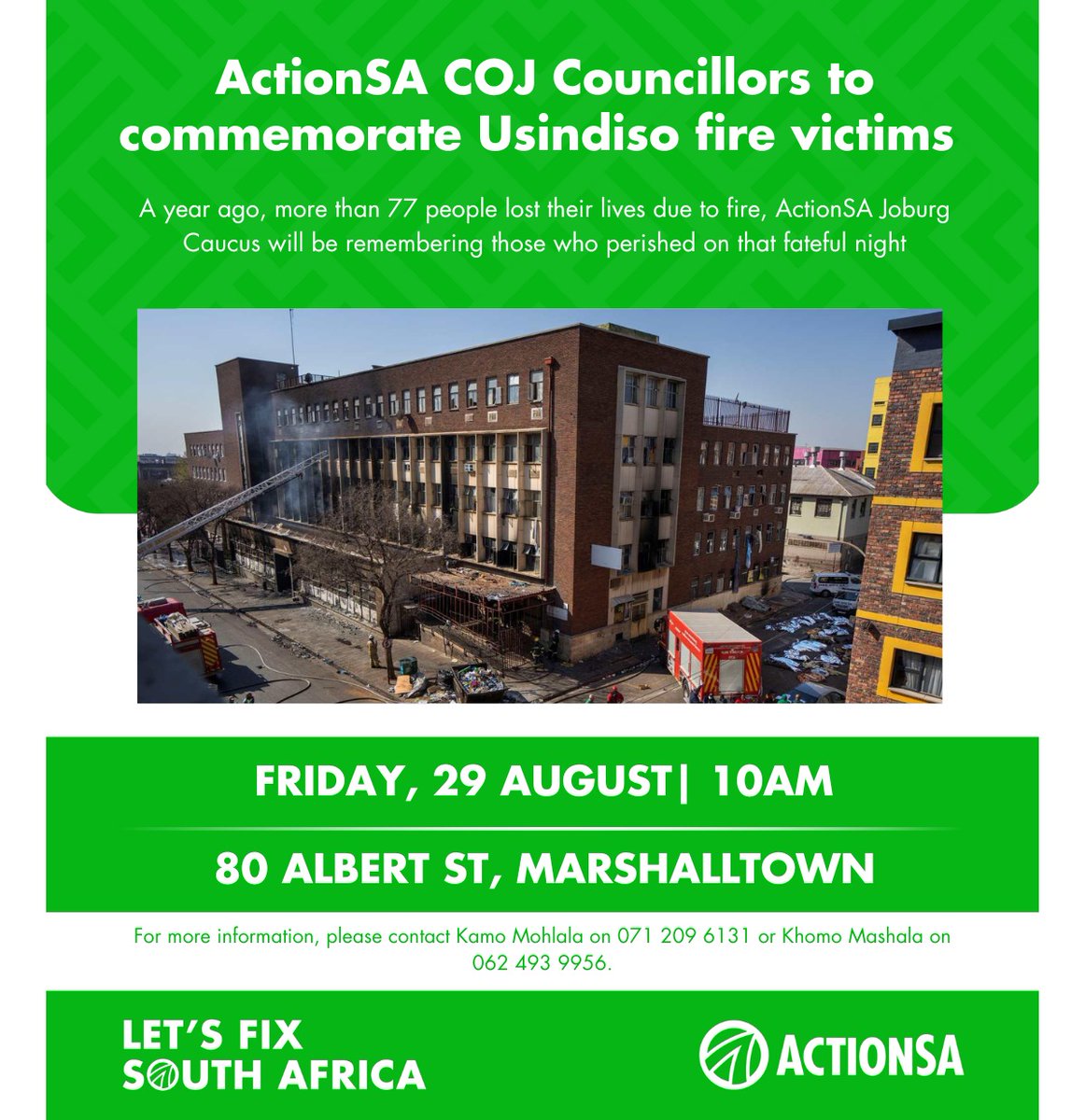 SthembeloMajola's tweet image. A year ago, more than 77 people lost their lives due to fire, @Action4SA Joburg Caucus will be remembering those who perished on that fateful night.