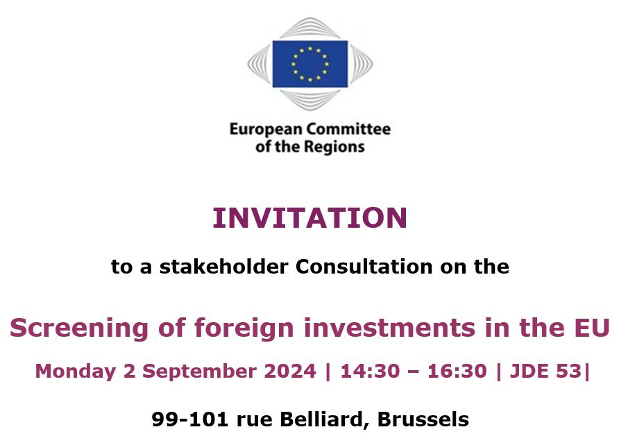 Join us for a consultation session on 'Screening of foreign investments in the EU' with the <a href="/EU_CoR/">European Committee of the Regions</a> rapporteur <a href="/cllrmmurphytipp/">Michael Murphy TD</a> 

🗓️ 2.9.2024 
⏰ 14:30

Register 👉 ec.europa.eu/eusurvey/runne… 

<a href="/jorgenwarborn/">Jörgen Warborn (M)</a> <a href="/SMEEurope/">SME Europe</a> <a href="/EPPGroup/">EPP Group</a> <a href="/FineGael/">Fine Gael</a> <a href="/IrishRegions_EU/">Irish Regions European Office in Brussels</a>