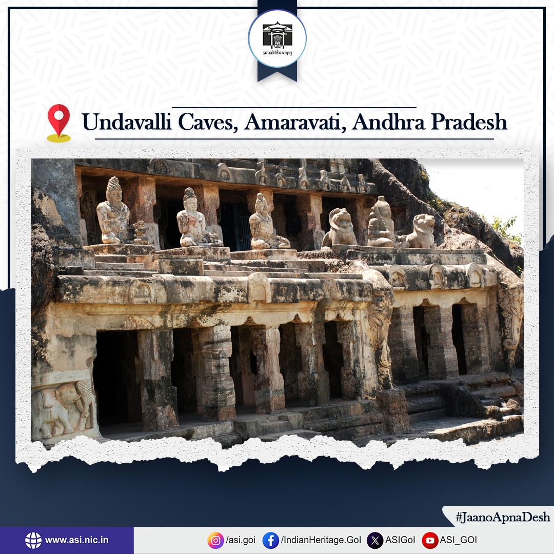 ASIGoI's tweet photo. This 7th century four-storeyed cave complex has been carved out in sandstone hill and is an amazing example of rock-cut architecture. One of the caves houses a sculpture of Lord Vishnu in a sleeping position, which is its distinctive feature. (1/2) https://t.co/sHTZHEdHps