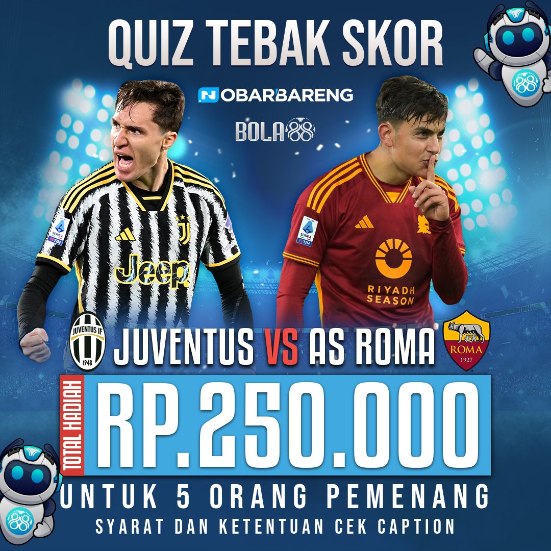 slononkwe's tweet photo. kuis TEBAK SKOR LIGA SERI A  (senin 2 sep 2024)  Format: JUVENTUS 2 - 1 AS ROMA tag 3 teman kalian  syarat: 1. Follow:
@NobarbarengFc

&amp;

@Bola88Ofc
2. Like &amp; RT postingan ini  3. pemenang diundi secara acak  4. kuis diutup 1jam sebelum kickoff https://t.co/6TobMxCYRN