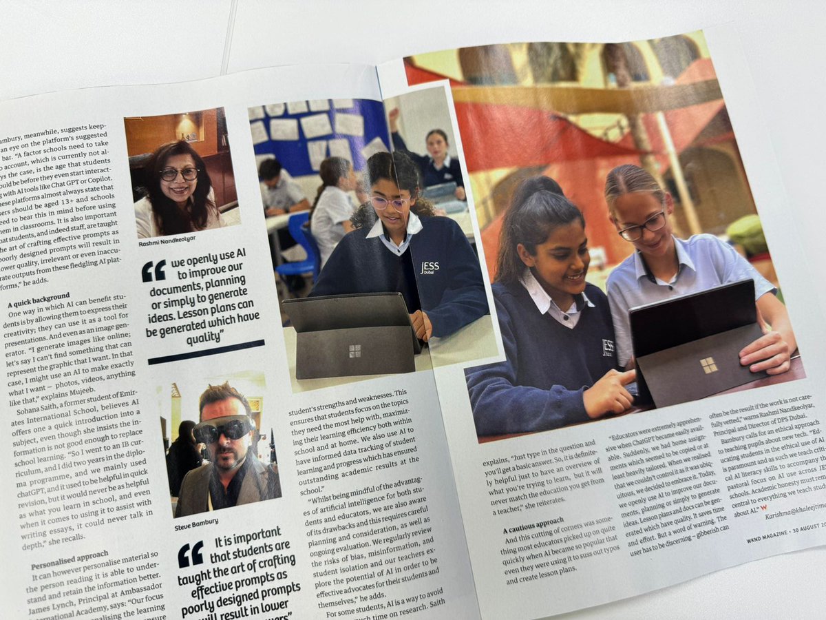 steve_bambury's tweet photo. There's an interview with me in WKND Magazine from @khaleejtimes today regarding teaching kids to use #AI. I shared insights into our approach to this at @JESSDubai &amp; more.

I'll drop a link to the online version of the article in the thread below. 👇#AIclassroom #AIeducation https://t.co/0PS1jigwF9