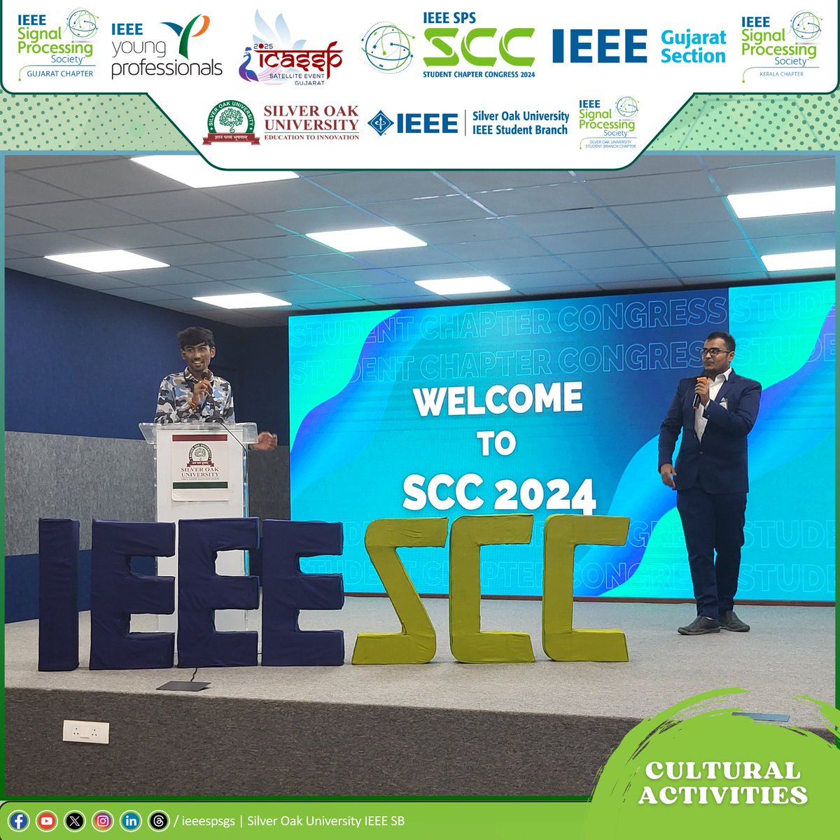 IEEE_SilverOak's tweet photo. Cultural session at “IEEE #SPS #StudentChapterCongress 2024” organised by #IEEESPSGC , #IEEEYPAG & #IEEESOUSPSSBC started with a mesmerizing Ganesh Vandana, leading attendees to a fun quiz & an open mic for participants to showcase their talents. Stay tuned for more! #ieee #sou. https://t.co/g91KFtL2NK