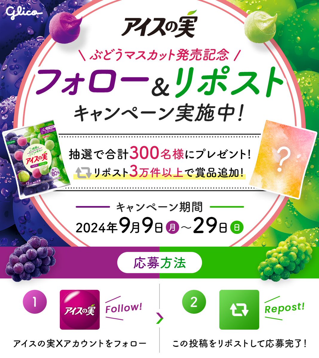 icenomi_JPN's tweet photo. 抽選でアイスの実<ぶどうマスカット>をプレゼント🎁
さらに、リポストが3万件以上で賞品追加!

■応募方法
①@icenomi_JPN をフォロー
②この投稿をリポスト

■応募期間 9/29(日) まで⏰
利用規約はスレッドへ

#アイスの実新商品フォロリポキャンペーン
#アイスの実 https://t.co/1Ud1U88MHf