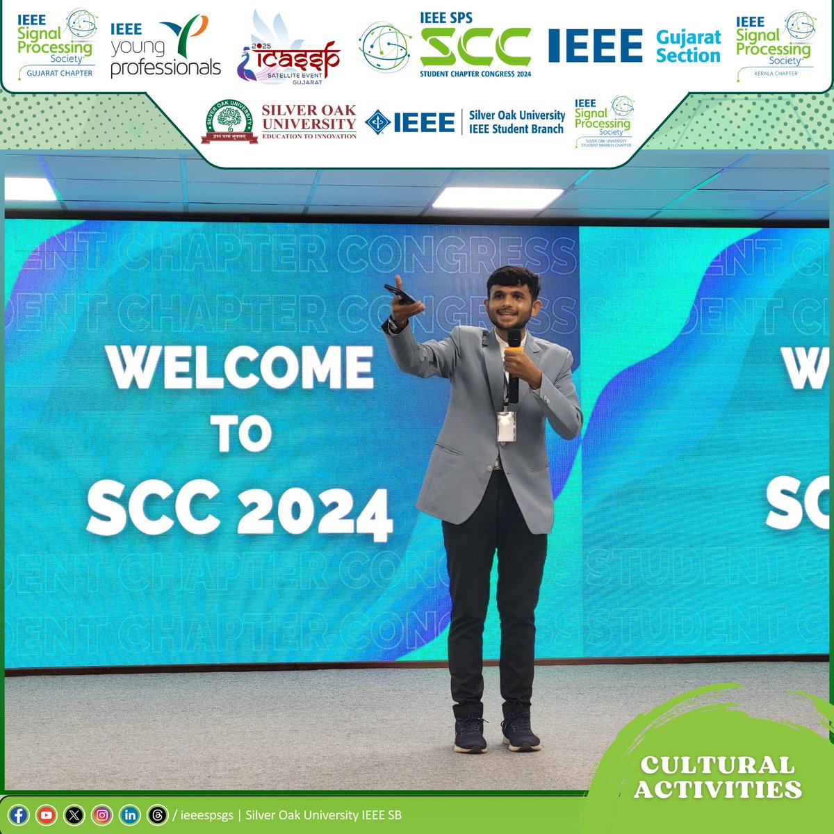 IEEE_SilverOak's tweet photo. Cultural session at “IEEE #SPS #StudentChapterCongress 2024” organised by #IEEESPSGC , #IEEEYPAG & #IEEESOUSPSSBC started with a mesmerizing Ganesh Vandana, leading attendees to a fun quiz & an open mic for participants to showcase their talents. Stay tuned for more! #ieee #sou. https://t.co/g91KFtL2NK