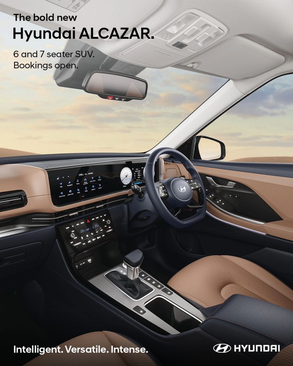 Concept_Hyundai's tweet photo. Experience ultimate comfort in the bold new Hyundai ALCAZAR! 2nd row captain seats with thigh cushion extension, dual-tone noble brown &amp; haze navy interiors. Where elegance meets innovation.

#ConceptHyundai #ConceptGroup #ALCAZAR #HyundaiALCAZAR #6and7SeaterSUV #Intelligent https://t.co/ajWyOmATmB