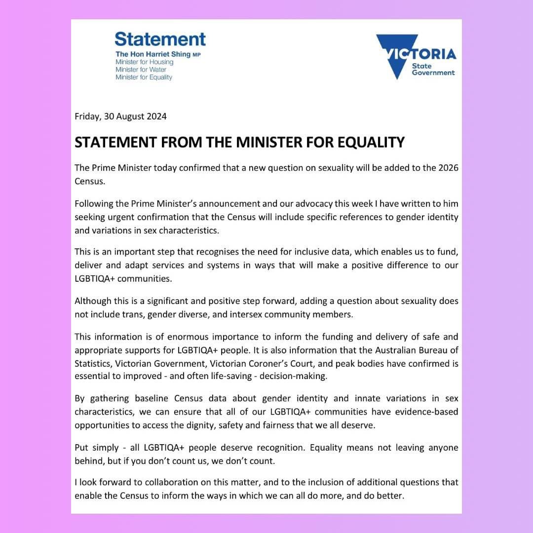 ShingvWorld's tweet image. All LGBTIQA+ people deserve recognition.
Today I wrote to the Prime Minister about the Census, and why gathering inclusive data about LGBTIQA+ people matters.
Because equality means not leaving anybody behind, and if you don’t count us, we don’t count. 🏳️🌈 🏳️⚧️ #CensusAU