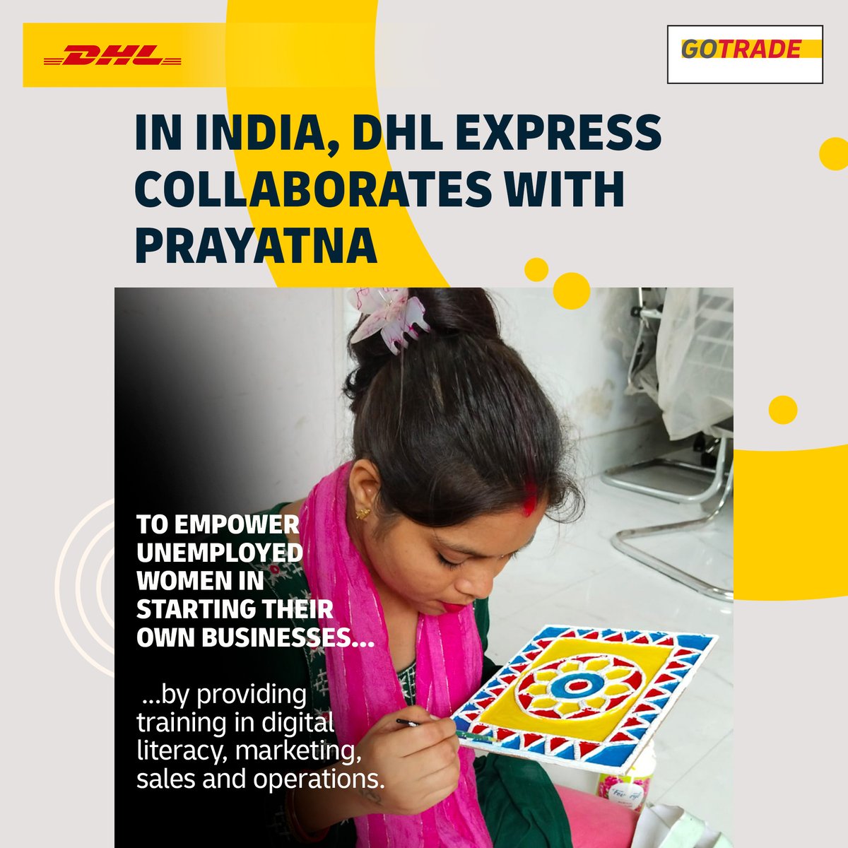 DHLExpressIndia's tweet photo. Celebrating #NationalSmallIndustryDay!
At #DHLExpress, we #empower small businesses through #GoTrade, our sustainability pillar aimed at boosting international trade.
In collaboration with Prayatna, we are empowering unemployed women to build #sustainableincomes. https://t.co/0vmsSIHwH3