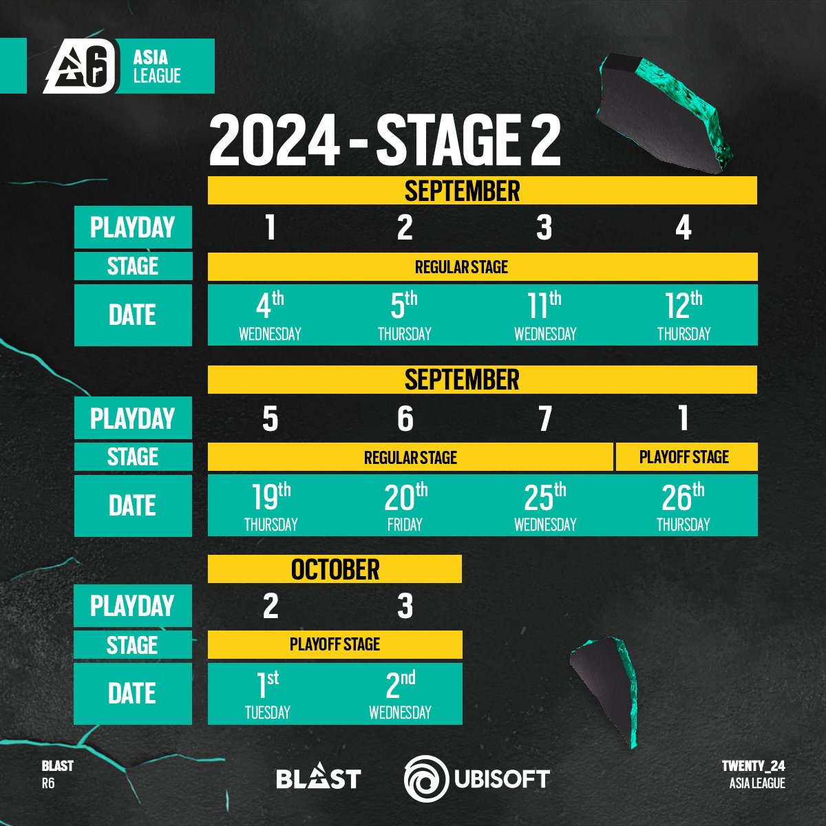 ‼️ Stop scrolling right now ‼️ 

Check out the schedule for BLAST R6 ASIA League Stage 2 2024, starting next week: