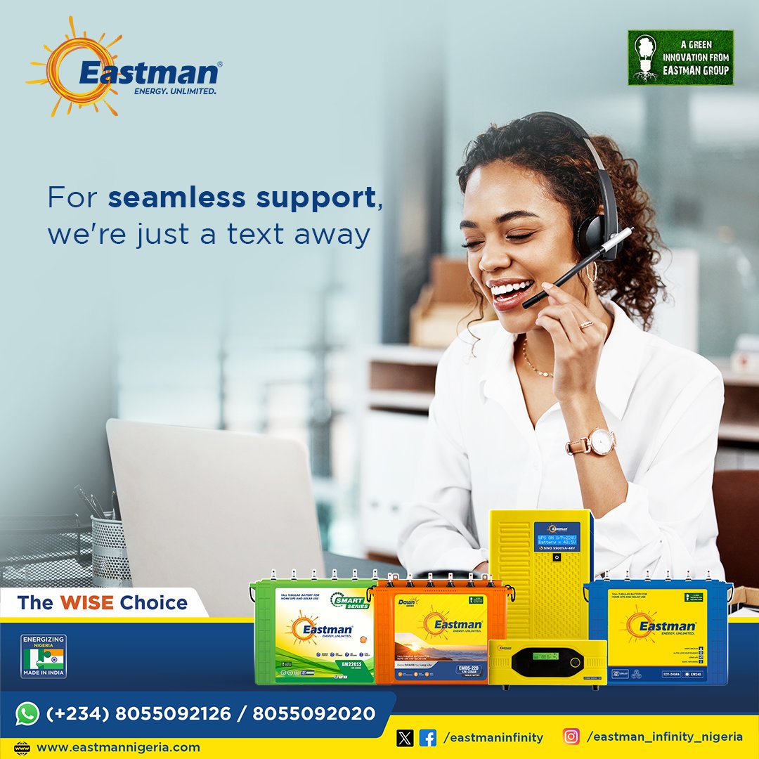 EastmanInfinity's tweet photo. For support, just shoot us a text.

We're always here for support. 

Eastman Nigeria
☎️ (+234) 8055092126 / 8055092020
🌐 https://t.co/0Fj0Da18J8
.
.
.
#Eastman #EastmanBatteries #EastmanNigeria #SolarBatteries #EastmanInverters #SinoInverters #HkvaInverters #TheWiseChoice https://t.co/CTw2KIpu1Q