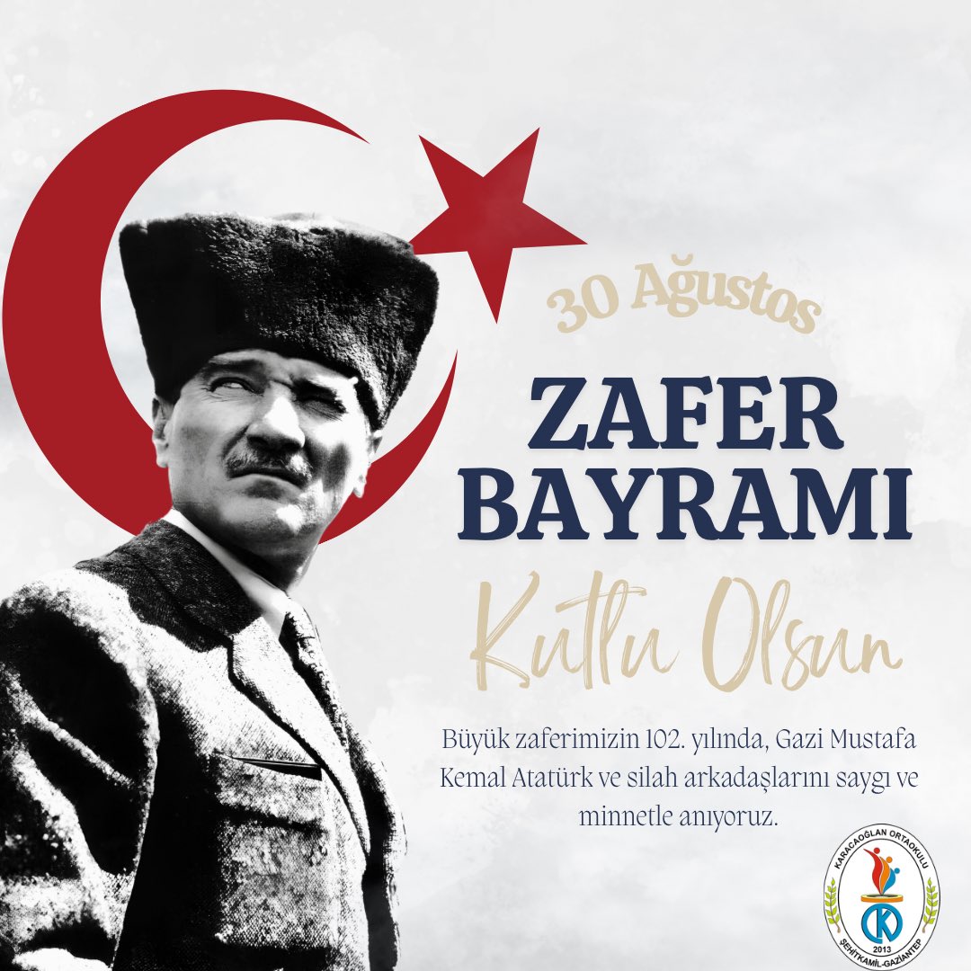 KaracaoglanO's tweet photo. 30 Ağustos Zafer Bayramı’nda, bu toprakları bize vatan yapan ecdadımızı, Gazi Mustafa Kemal Atatürk ve silah arkadaşlarını rahmetle anıyoruz. Yeni nesillerin bu şanlı tarihi unutmadan geleceğe daha güvenle bakmaları temennisiyle...
30 Ağustos Zafer Bayramınız kutlu olsun. 🇹🇷 https://t.co/pqn22PegmV