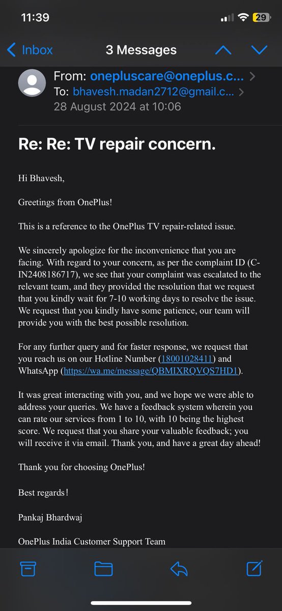 Gunjan_D5's tweet photo. Extremely disappointed with the service from @OnePlus_IN! Kind attention @RobinLiuOnePlus > We purchased a OnePlus TV in 2022, which was replaced in 2023 due to display issues. Now, it won't turn on! Raised a complaint on 7th Aug ‘24 (Ticket ID: INSI2408071449).
@consumerforum_ https://t.co/chcBunjGiL