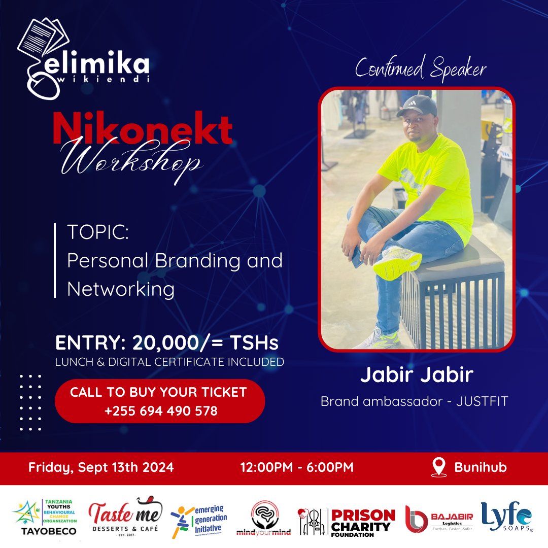 Mbundi John (@johnmbundi) on Twitter photo Mwanzilishi wa <a href="/BajabirLogistic/">BajabirLogistics</a>, <a href="/bajabiri/">Moyo wa TAIFA ™️</a> naye pia atakua miongoni mwa wazungumzaji wetu kwenye warsha ya #NIKONEKT.
Kama bado hujapata tiketi yako muda ndio huu, usikae mbali na fursa njoo utengeneze koneksheni.
Gharama ya tiketi ni Tsh 20,000/= tu! Mwanzilishi wa <a href="/BajabirLogistic/">BajabirLogistics</a>, <a href="/bajabiri/">Moyo wa TAIFA ™️</a> naye pia atakua miongoni mwa wazungumzaji wetu kwenye warsha ya #NIKONEKT.
Kama bado hujapata tiketi yako muda ndio huu, usikae mbali na fursa njoo utengeneze koneksheni.
Gharama ya tiketi ni Tsh 20,000/= tu!