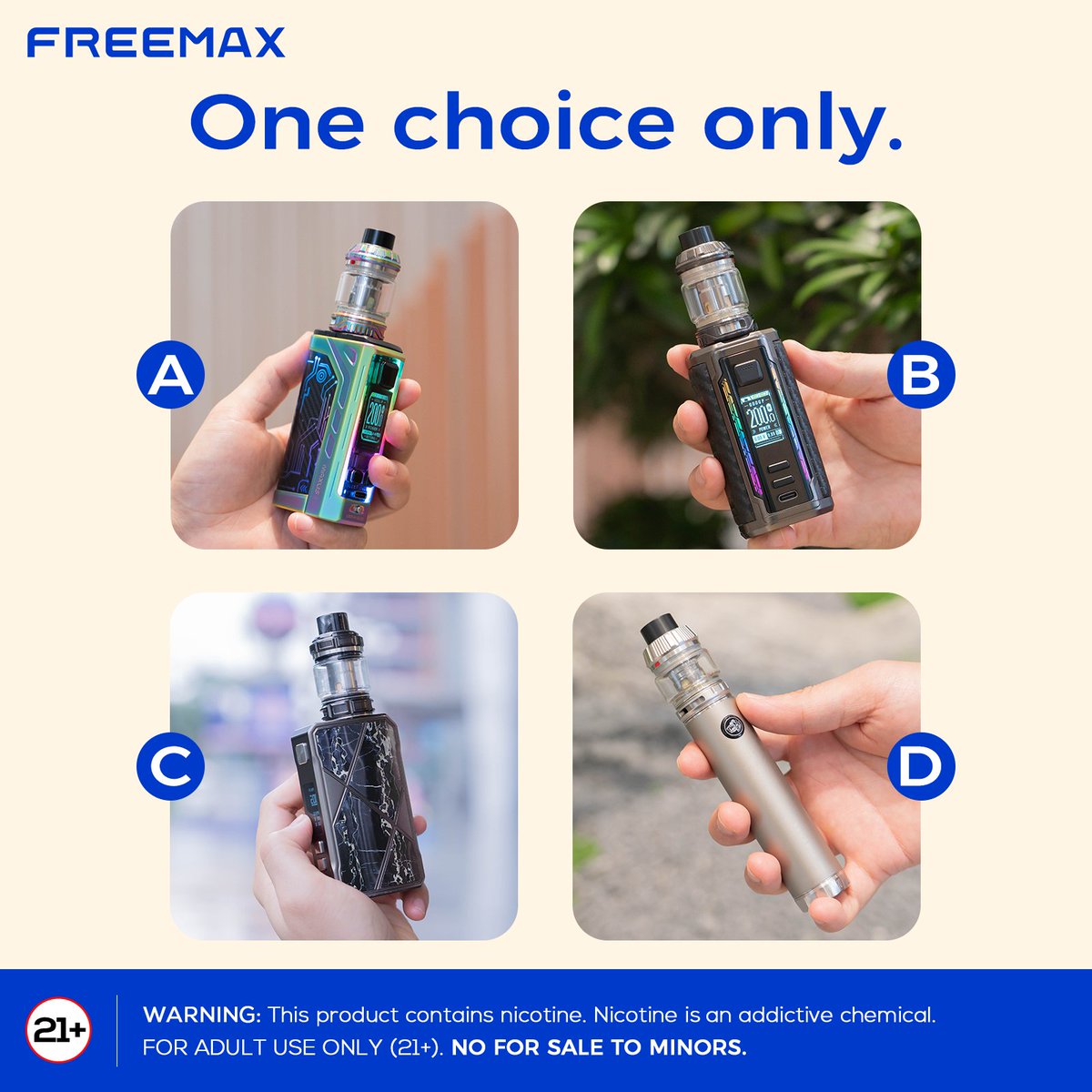 Freemaxvape's tweet photo. Pick one and make it yours: A/B/C/D? 🔥
.
.
.
.
.
Warning: This product contains nicotine. Nicotine is an addictive chemical.
Must be 21+.
-
#freemaxvape #maxus3 #maxus2 #maxus200w #lifestyle #explore #technology #flavor #innovation #style #stylish #vapeLife #vapeCommunity https://t.co/LPOR8NGl86