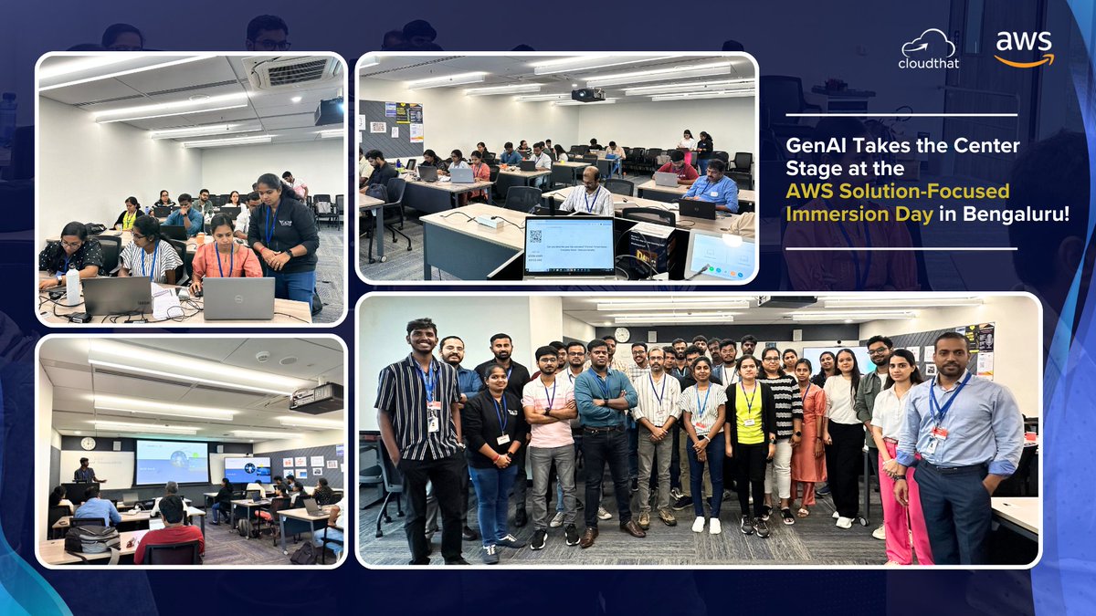 CloudThatTech's tweet photo. The @awscloud and CloudThat Solution-Focused Immersion Day in Bengaluru was a tremendous success! Participants enjoyed a hands-on journey creating chatbots with #AmazonQ and #developing creative use cases on #AWS. https://t.co/1Rp3Vfpj2S