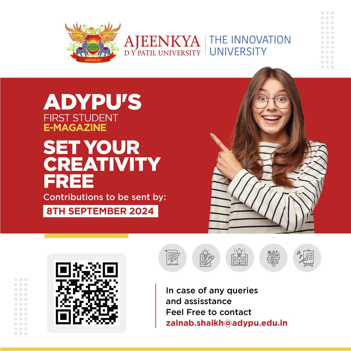 adypuniversity's tweet image. At #ADYPU, we believe in the power of your voice and the strength of your words. Our student magazine is a space where your creativity can breathe and your ideas can touch others. Contribute to our very first issue!
Please send your contributions by 8th Sept.
#StudentMagazine