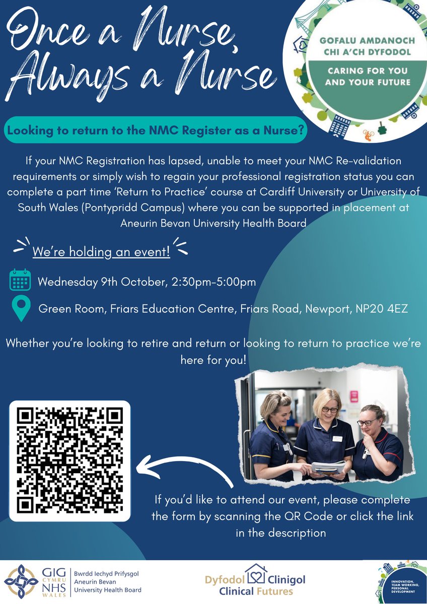 Looking to return to the NMC Register as a Nurse?
Whether you’re looking to retire and return or looking to return to practice we’re here for you!
If you'd like to return to the NMC Register as a Nurse and would like to attend our event, complete the link: forms.office.com/e/vJSNmJ78ww