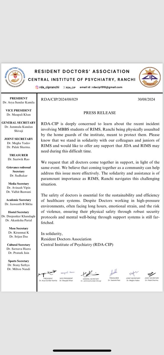 RDA CIP RANCHI (@rda_cip) on Twitter photo Standing in solidarity with our colleagues and juniors at RIMS, Ranchi.Ensuring the safety and well-being of doctors is crucial for the sustainability of healthcare systems.Let's unite and support each other during these challenging times#DoctorSafety <a href="/FordaIndia/">FORDA INDIA</a>
<a href="/FAIMA_INDIA_/">FAIMA Doctors Association</a> Standing in solidarity with our colleagues and juniors at RIMS, Ranchi.Ensuring the safety and well-being of doctors is crucial for the sustainability of healthcare systems.Let's unite and support each other during these challenging times#DoctorSafety <a href="/FordaIndia/">FORDA INDIA</a>
<a href="/FAIMA_INDIA_/">FAIMA Doctors Association</a>