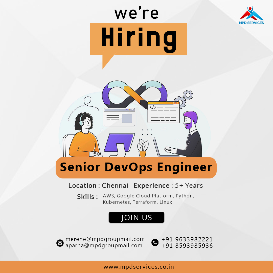 MPDSERVICES's tweet image. We're Hiring: Senior DevOps Engineer in Chennai!
Position: Senior DevOps Engineer
Location: Chennai
Experience Required: 5+ years
Ready to take the next step in your career? Apply now
mpdservices.co.in
#Hiring #DevOpsEngineer #ChennaiJobs #TechJobs #AWS #GoogleCloud