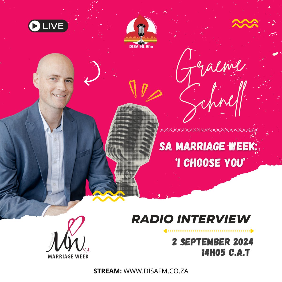 #SAMarriageWeek Radio Talk: Catch Focus Africa CEO, Graeme Schnell on Disa FM, Today at 14H05 speaking all things 'SA Marriage Week 2024' Tune in!
Stream Online: bit.ly/4g6sTFT

#SAMarriageWeek2024