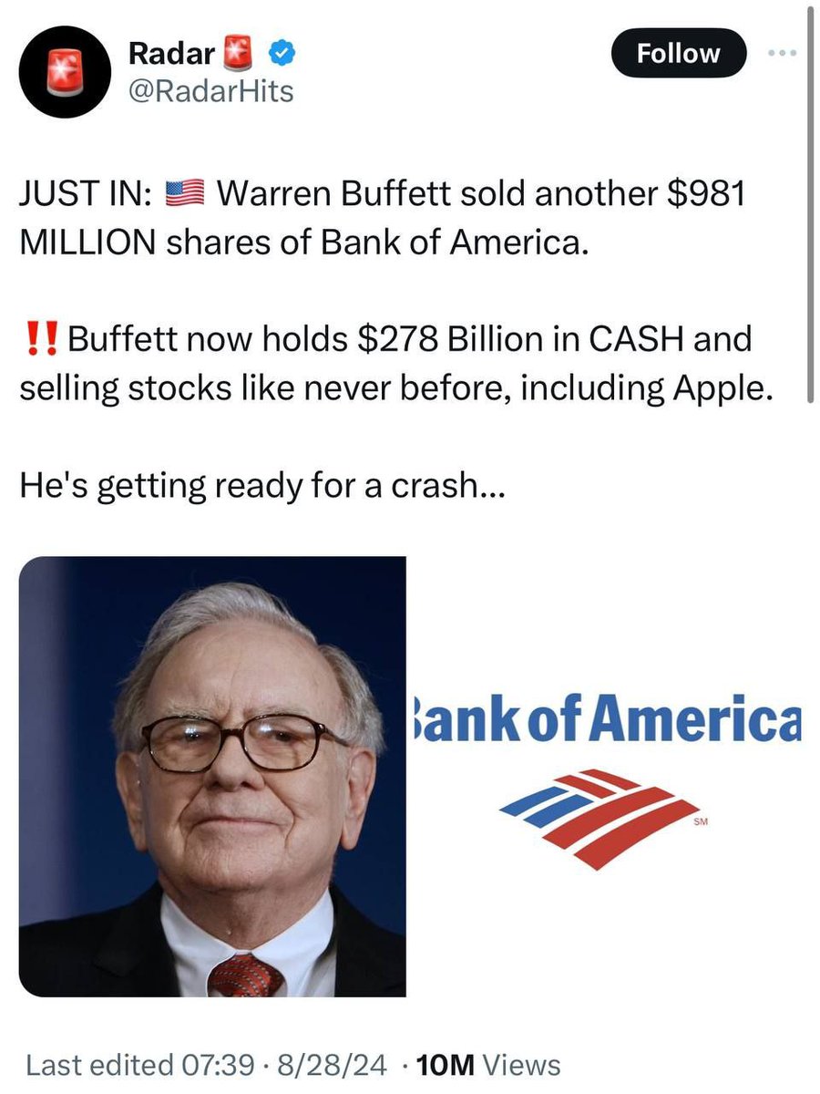Jeana_Luft's tweet image. 🚨🚨🚨Gründer von #Thegivingpledge 
🤡#WarrenBuffett  (94) hat weitere 981 MILLIONEN Dollar-Aktien der Bank of America verkauft.‼️
‼️Buffett verfügt nun über 
278 Milliarden US-Dollar in BARGELD und verkauft Aktien wie nie zuvor, darunter auch Apple.