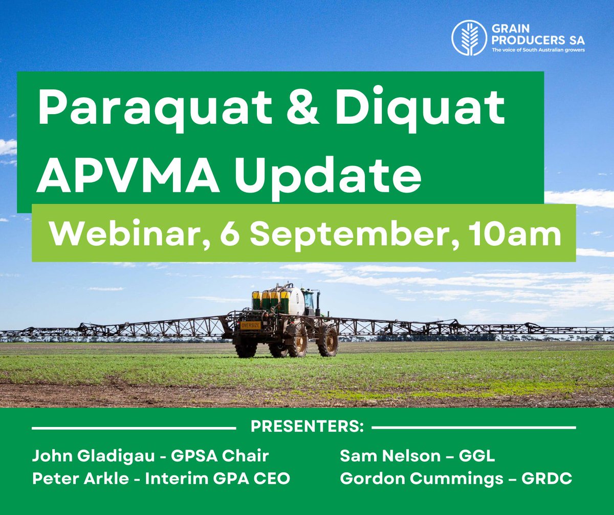 PARAQUAT &amp; DIQUAT UPDATE WEBINAR: GPSA is hosting a webinar to provide an update to grain producers on the recent APVMA proposed decision on paraquat and diquat and next steps. We will have speakers from GPSA, GPA, GGL &amp; GRDC on the webinar at 10am 6 Sep. shorturl.at/jDCY3