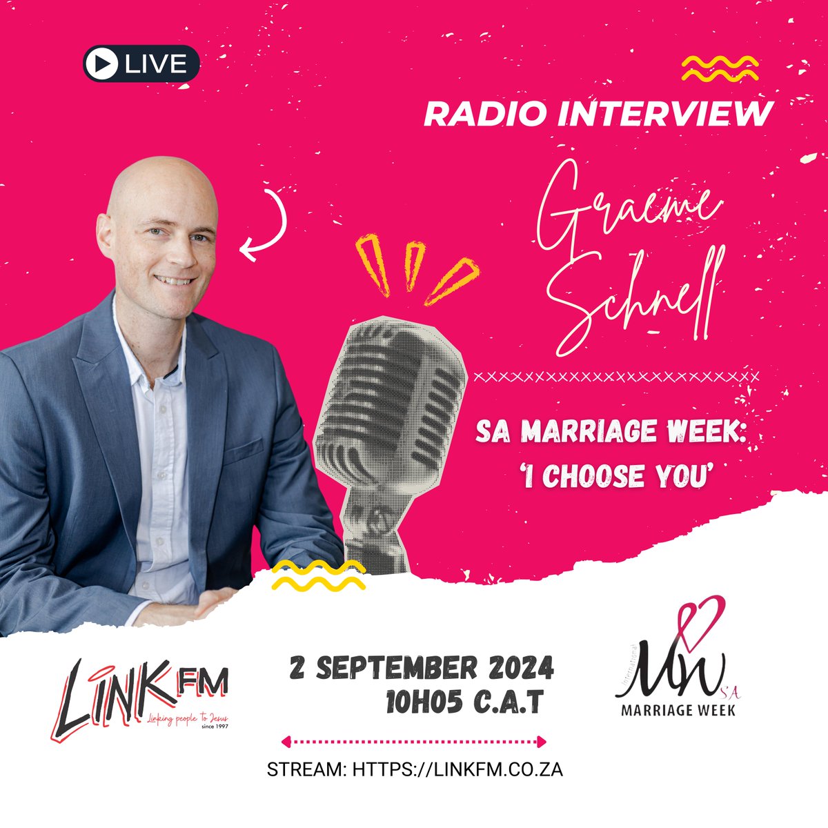 #SAMarriageWeek Radio Talk: Catch Focus Africa CEO, Graeme Schnell on Link FM, Tomorrow at 10H05 speaking all things 'SA Marriage Week 2024' Tune in!
Stream Online: linkfm.co.za 

#SAMarriageWeek2024
