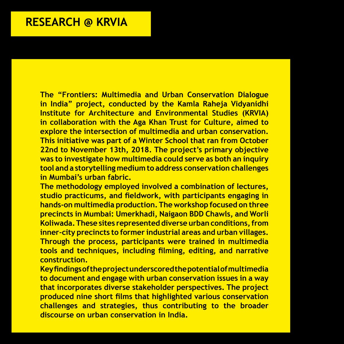 KrviaNews's tweet image. KRVIA Research and Development Cell  

Frontiers: Multimedia and Urban Conservation Dialogue in India

#krvia #krviaresearch #krviamasters #postgraduatestudies #urbandesign #urbanconservation #researchtimeline #designcell #mumbaicity #urbanstudies #urbanism #contextinquiry