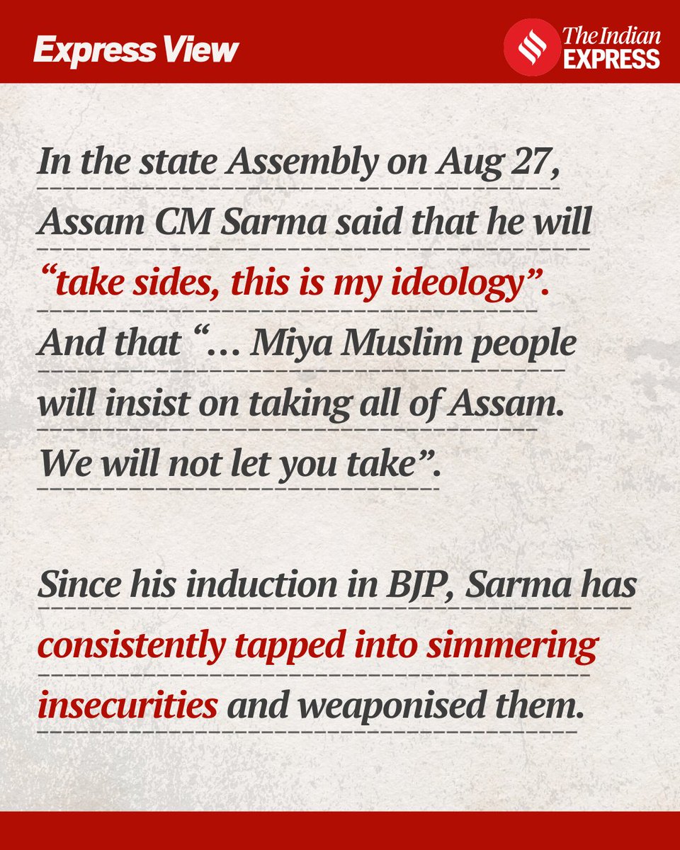 IndianExpress's tweet photo. #ExpressEditorial | The incident in Nagaon deserves condemnation and the law must take its course. But the other-ing of a whole community, especially in a state historically plagued by vexed questions of identity, is disturbing.
Read more 👇🏻
🔗 https://t.co/syluoUSZK0 https://t.co/I2EhHQudqP