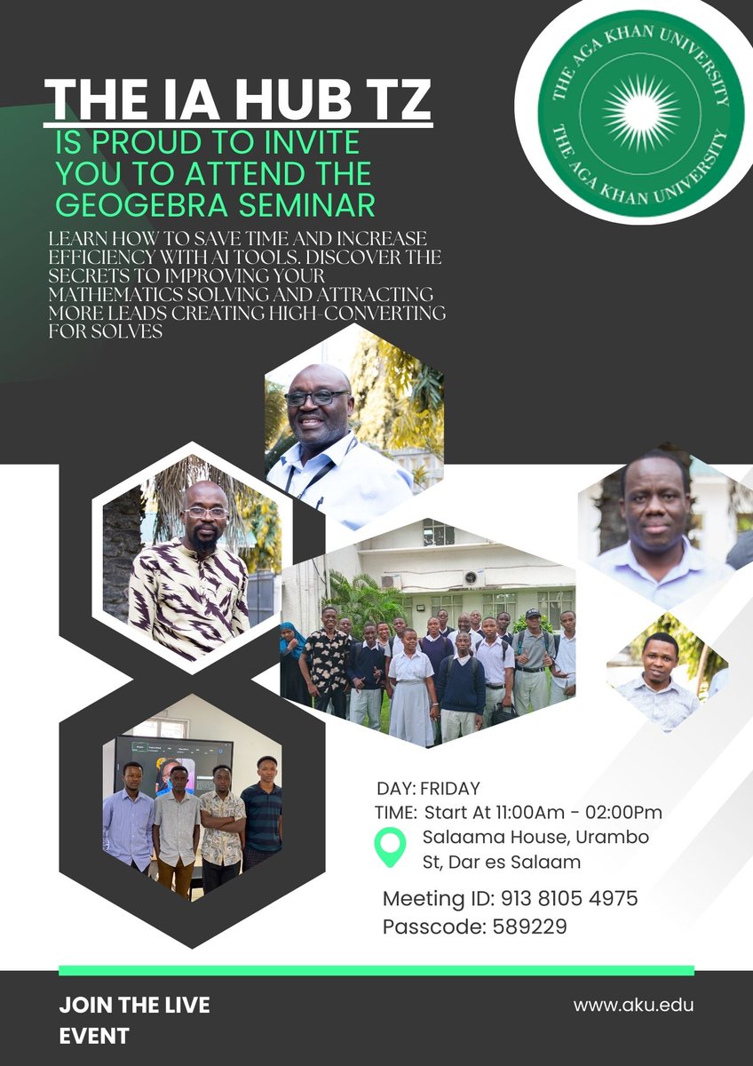 You are all welcome to join the GeoGebra seminar via zoom, <a href="/AKU_EAI/">Aga Khan University, East Africa Institute</a> ,<a href="/kamwene05/">Fred Mtenzi</a> <a href="/ngemeraJohn/">JOHN NGEMERA</a>  starting at 1100hrs