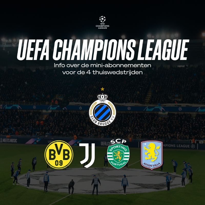 ClubBrugge's tweet photo. 𝟒 𝐡𝐨𝐦𝐞𝐠𝐚𝐦𝐞𝐬 in the UEFA Champions League 😍✨

Wil je erbij zijn als de Champions League-hymne opnieuw door Jan Breydel weergalmt? Ontdek hier de info over de mini-abonnementen! 🎫🏟️ #UCL