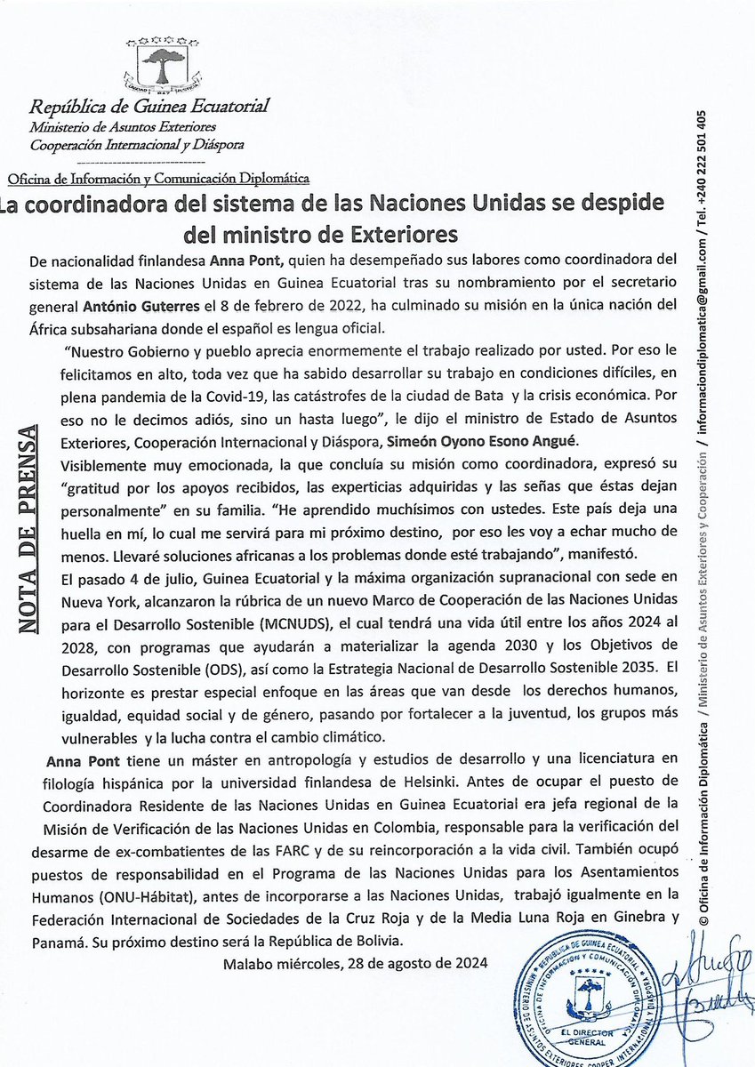 AngueSimeon's tweet photo. Un placer haber trabajado con #AnnaPont, tras su misión de Coordinara del Sistema de las @ONU_es 🇺🇳 quien deja un país que le admira y aprecia. Nuestro Gobierno y pueblo valora enormemente su trabajo, en condiciones dificiles. En vez de un adiós, le decimos hasta luego. https://t.co/UE3UmFTADh