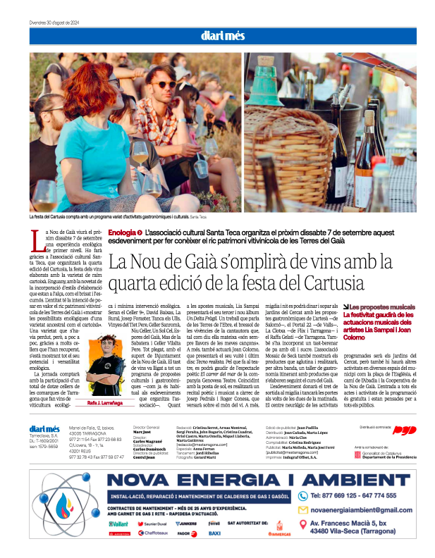 .<a href="/diarimes/">Diari Més</a> La Nou de Gaià s'omplirà de vins amb la quarta edicio de la festa del #Cartusia

#vicatalà #cartoixà #terresdelgaià