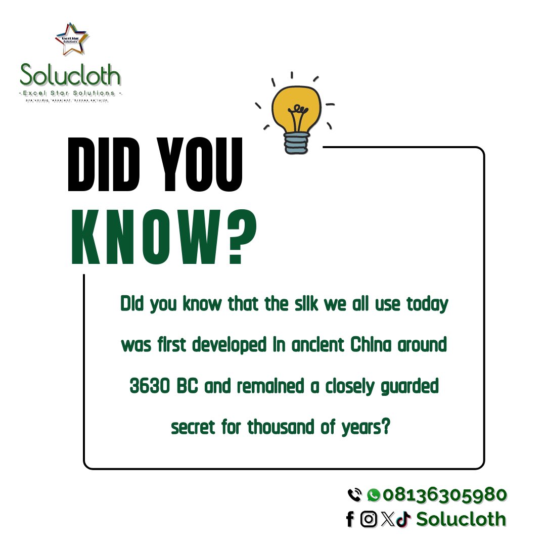 Solucloth's tweet photo. Did you know?
Did you know that the Silk we all use today was first developed in ancient china around 3630 BC and remained a closely guarded secret for thousand of years.

#didyouknow
#solucloth
#excelstarsolutions https://t.co/coflNEH3fF