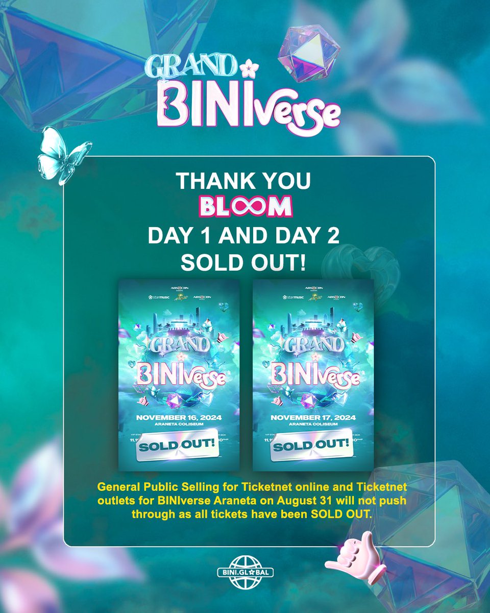 JUST IN: The Grand BINIverse on Nov. 16 and 17 are officially sold out.   

According to Star Music, General Public Selling for Ticketnet online and outlets on August 31 will not push through as all tickets have been sold out.   

All tickets were sold within three hours. (📷: