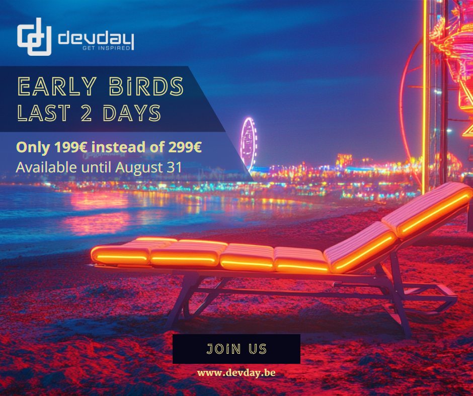 🚨 L'été touche à sa fin 🥵 Il est temps de quitter la plage et de prendre ton ticket early bird pour nous rejoindre et fêter les 10 ans du DevDay !

Réserve ici : devday.be/ticket
