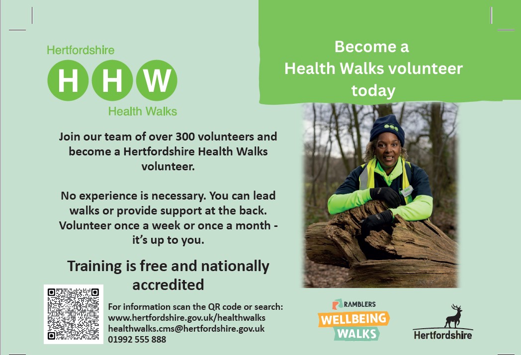 Enjoy walking and meeting new people?  Become a Health Walk Volunteer and help others experience the health and wellbeing benefits of walking. Reserve your space on our 1/2 day training on the 25th September in Potters Bar today.    hertfordshire.gov.uk/healthwalks