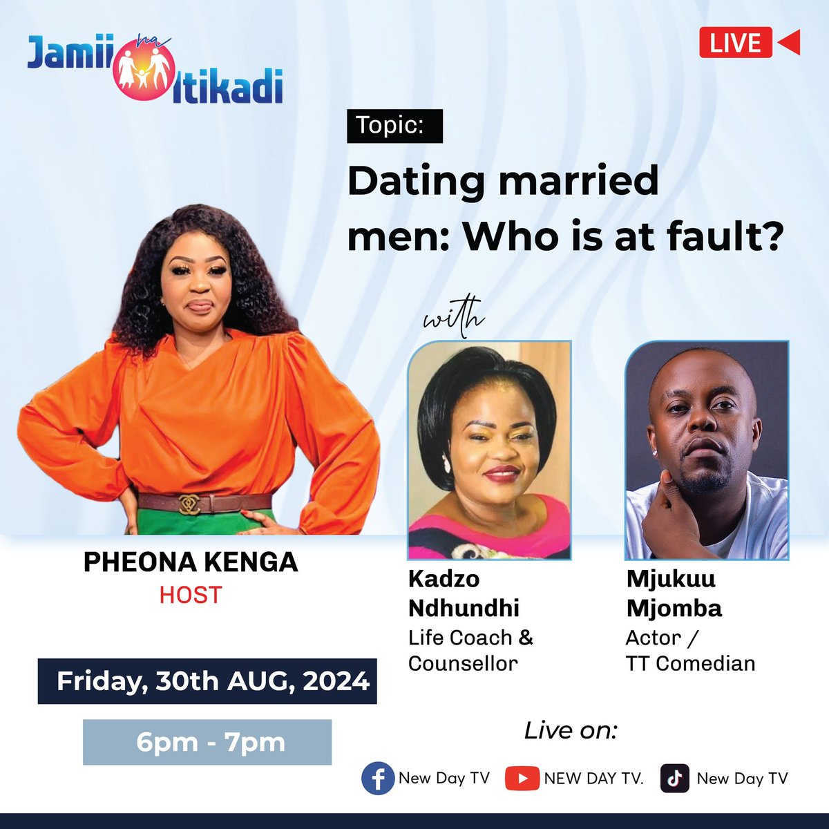New Day TV (@thetackleke) on Twitter photo A married man that approached a lady or a lady that accepts a married man.... Who is at fault? This evening on #JamiinaItikadi with <a href="/pheonak/">Pheona Kenga™</a>
Alongside <a href="/KNdhundhi/">Kadzo ndhundhi</a> <a href="/ttcomedian/">🍂tt.comedian™️🇰🇪</a>
#RelationshipAdvice #NewdayTV A married man that approached a lady or a lady that accepts a married man.... Who is at fault? This evening on #JamiinaItikadi with <a href="/pheonak/">Pheona Kenga™</a>
Alongside <a href="/KNdhundhi/">Kadzo ndhundhi</a> <a href="/ttcomedian/">🍂tt.comedian™️🇰🇪</a>
#RelationshipAdvice #NewdayTV