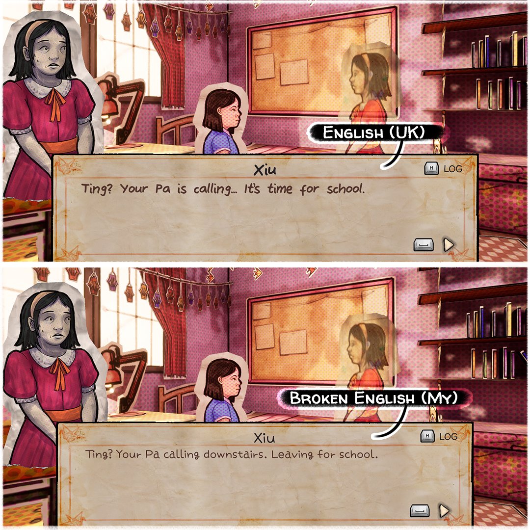 CellarVault's tweet photo. So Third Eye Open will actually ship with two kinds of English texts;
- Regular English, and
- Broken English.
The difference is sometimes subtle, sometimes big :p
Which will you going to be playing in this September 5th?😏😏
#madeinmalaysia #paperghoststories #steam #indiegame https://t.co/NRNaLuThef