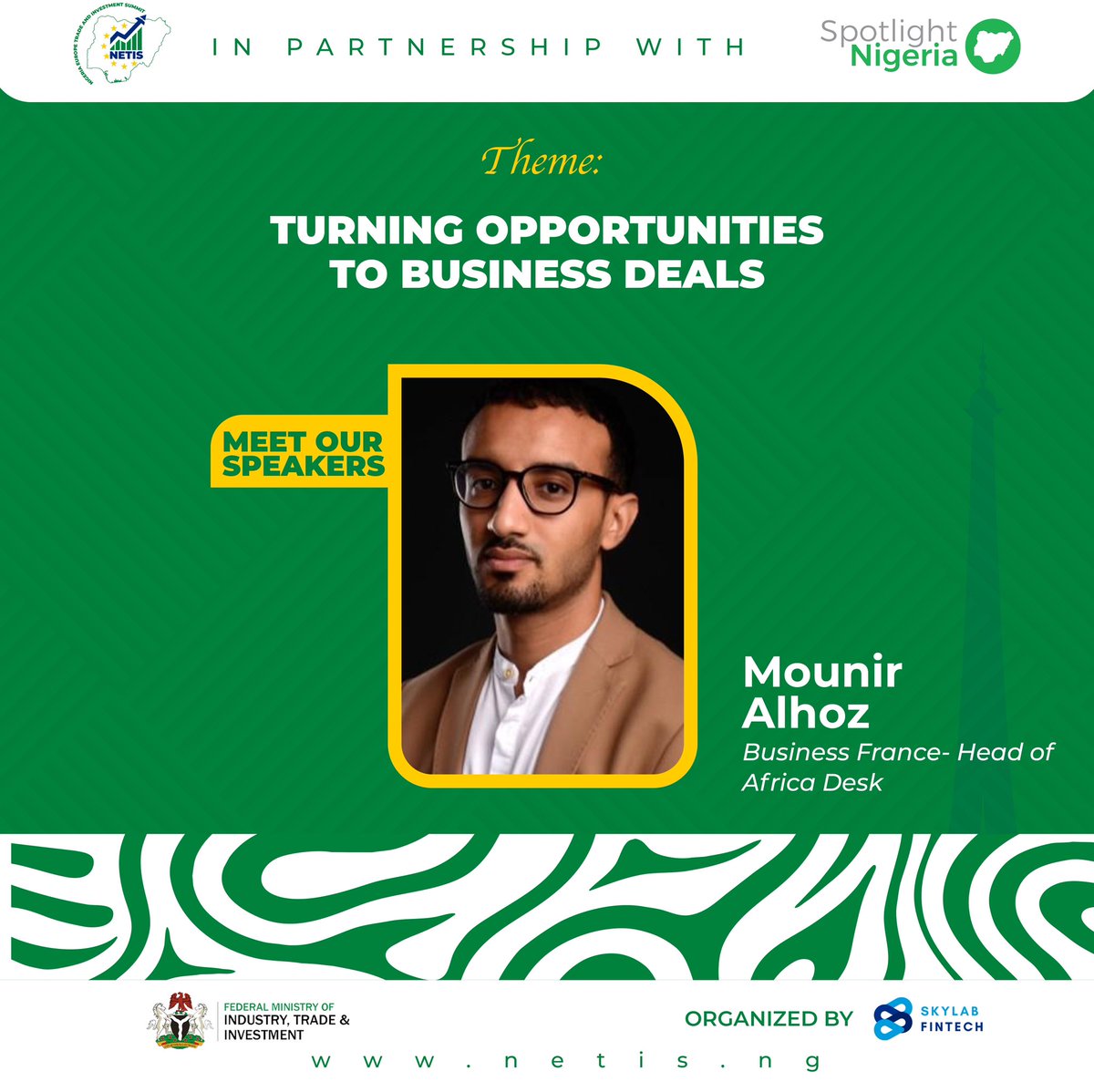 NETIS_SUMMIT's tweet photo. Meet Our Speaker

 Meet Mounir Alhoz , Head of the Africa Desk at @businessfrance . We are thrilled to announce that he will be speaking at the Nigeria Europe Trade and Investment Summit in partnership with Spotlight Nigeria.-

#Netis2024 #NigeriaEuropeSummit https://t.co/W4EcVVx6Hg