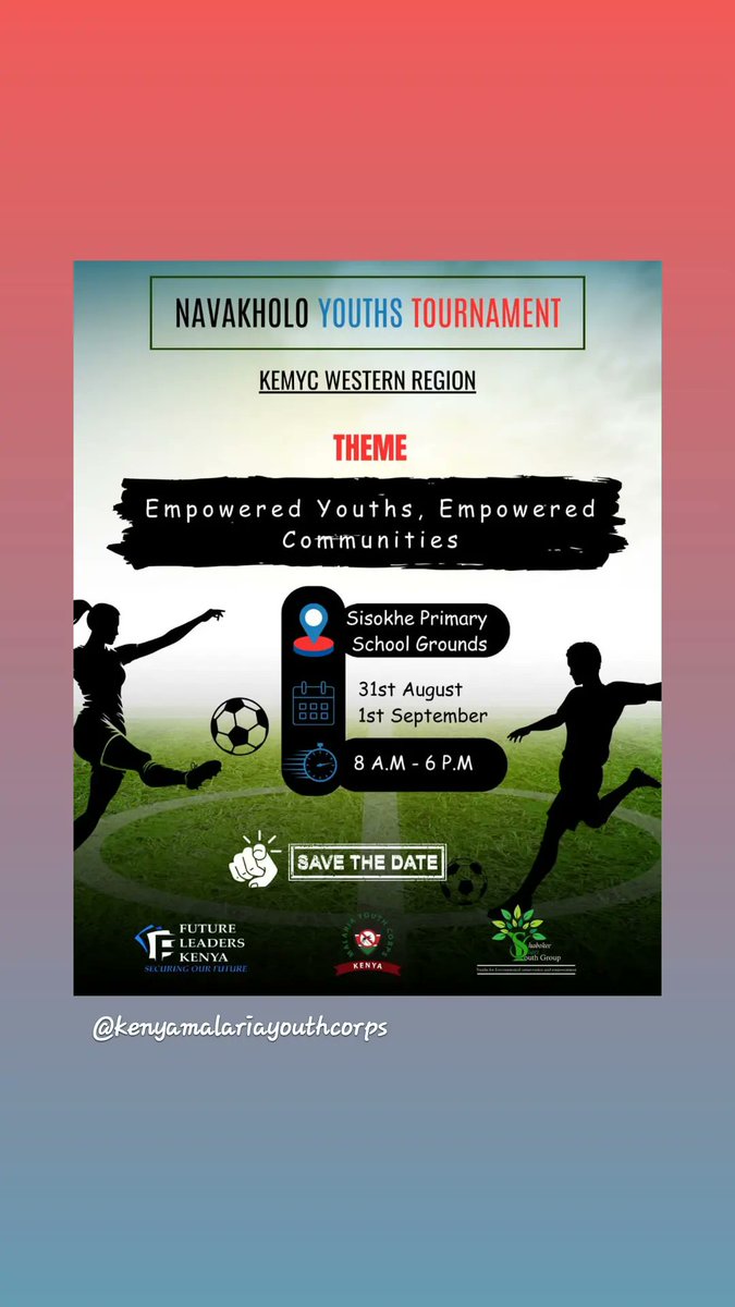 Get ready to see youth in action!<a href="/MalariaYouthKE/">Kenya Malaria Youth Corps</a> welcomes you to a football tournament at Sisokhe Primary school 😌Kuja tuanguke nayo
@MalariaYouthKE 
#The generation that will end Malaria
#Power of everyone
