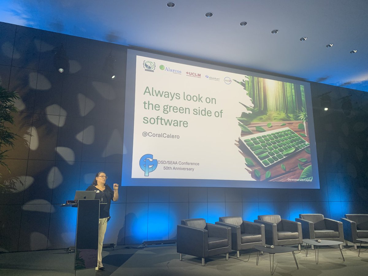 Prof Coral Calero’s talk on Looking on the Green side Of Software was very inspirational. Long way  ahead to be green in software development but many exciting opportunities. #SEAA2024 <a href="/CoralCalero/">Coral</a>