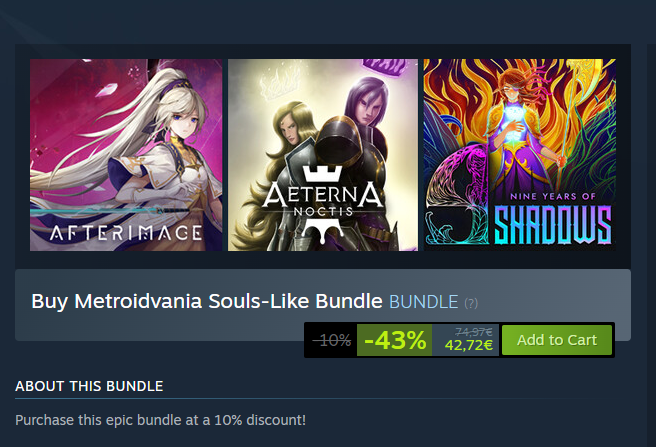 fernandum79's tweet photo. Y si tienes alguno de ellos te descuenta el precio. #Oferton en #Steam de este Bundle #metroidvania #Soulslike con #afterimage #AeternaNoctis y #9yearsOfShadows 
https://t.co/AXw4Ym2hCP https://t.co/tnXMUuPmS7